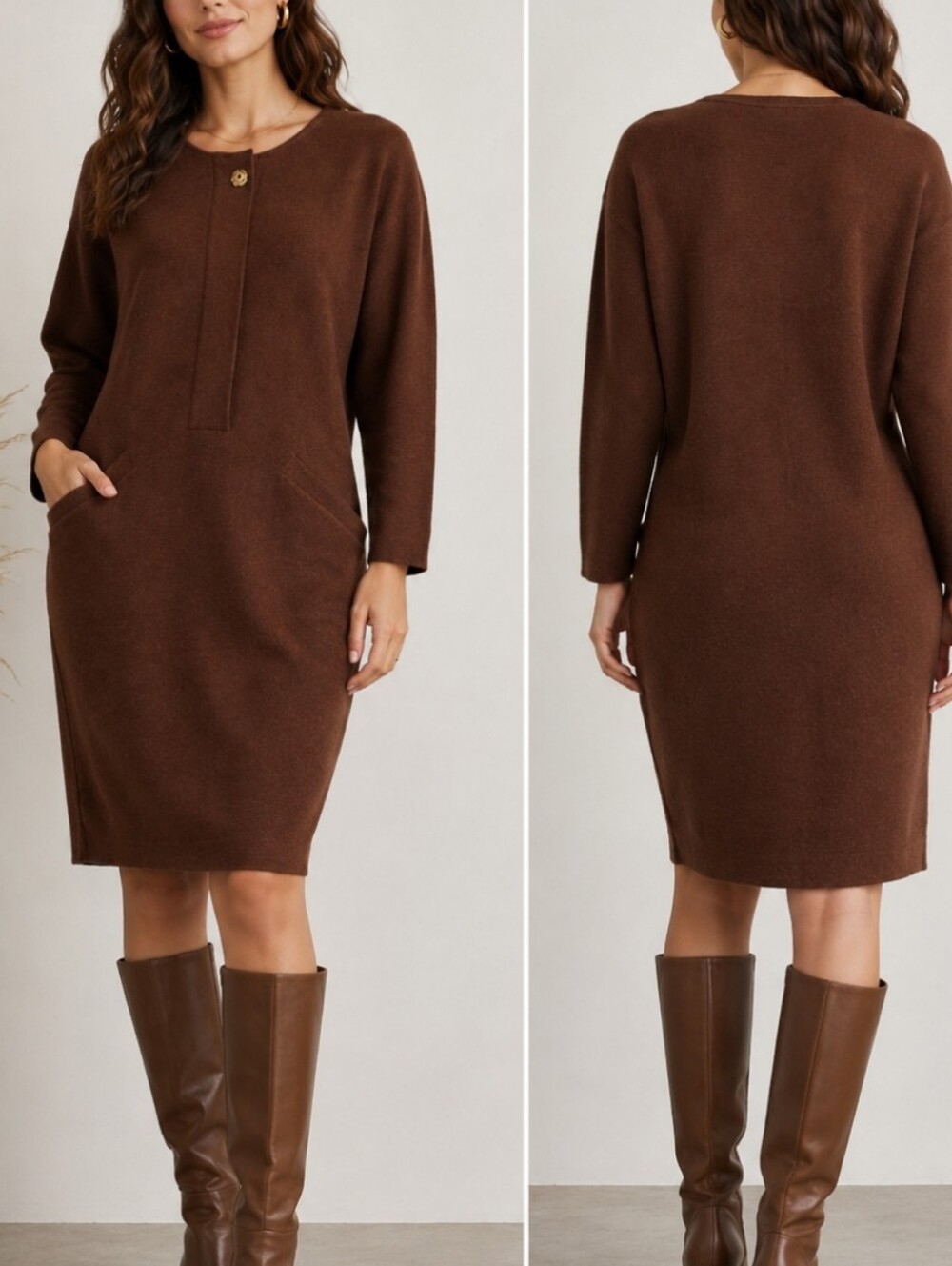 Vintage Knit Neutral Brown Wool Blend Minimalist Medium Wool Blend Dress Pockets